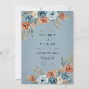 Dusty Blue Floral Autumn Romance Wedding Invitation