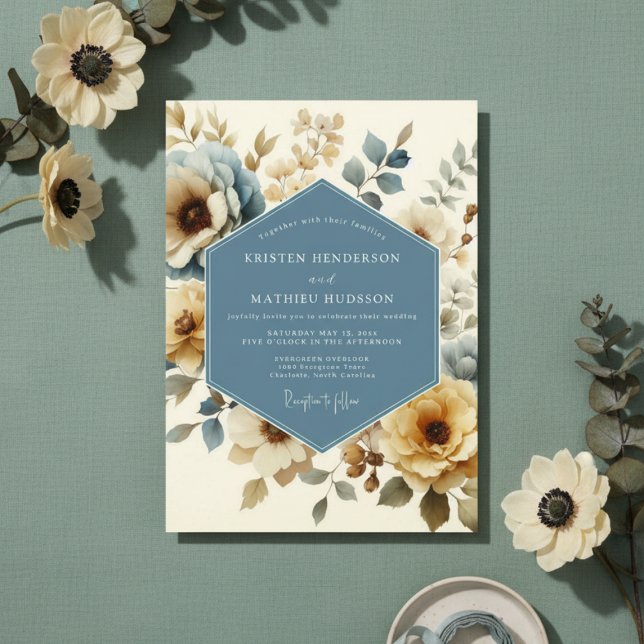 Dusty Blue Floral Autumn Wedding Invitation (Creator Uploaded)