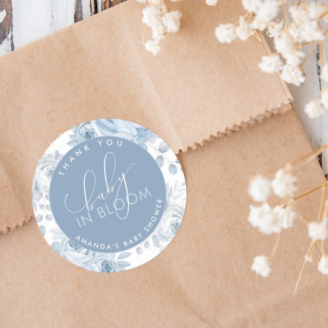 Dusty Blue Floral Baby in Bloom Baby Shower Classic Round Sticker (Baby in Bloom Dusty Blue Floral  Sticker)