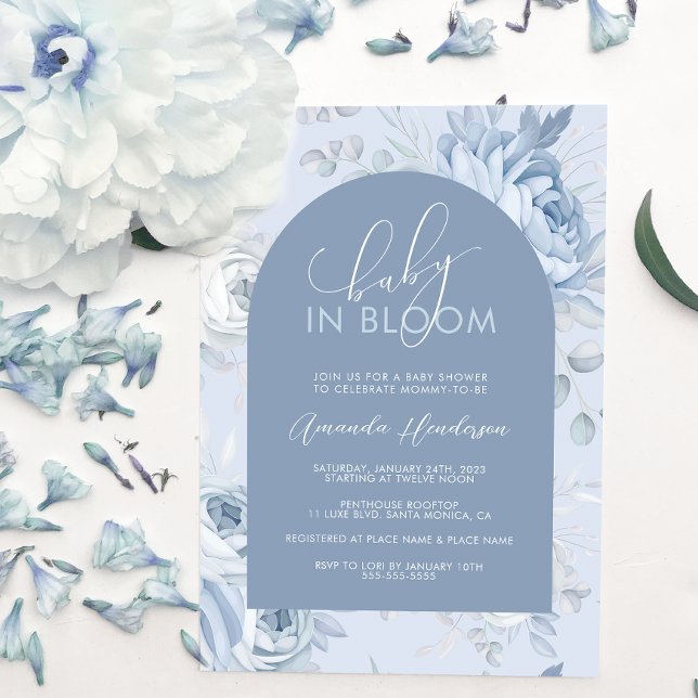 Dusty Blue Floral Baby in Bloom Baby Shower Invitation (Creator Uploaded)