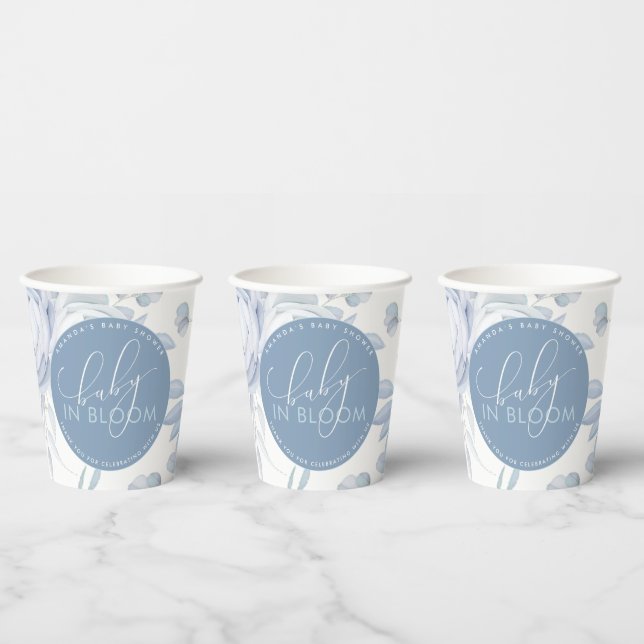 Dusty Blue Floral Baby in Bloom Baby Shower Paper Cups (Multi)