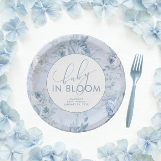 Dusty Blue Floral Baby in Bloom Baby Shower Paper Plate