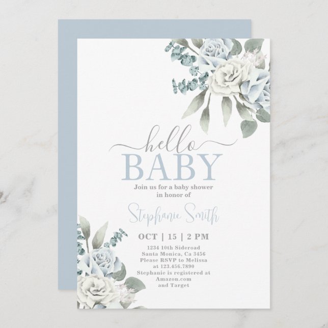 Dusty Blue Floral Baby Shower Boy Invitation (Front/Back)