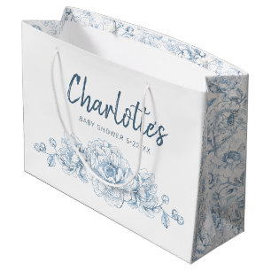 Dusty Blue Floral Baby Shower Large Gift Bag