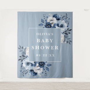 Dusty Blue Floral Baby Shower Photo Backdrop Tapestry