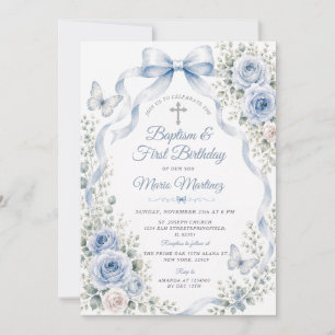 Dusty Blue Floral Baptism & 1st Birthday Butterfly Invitation