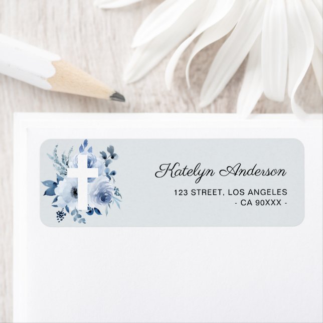 Dusty blue floral baptism address label (Insitu)