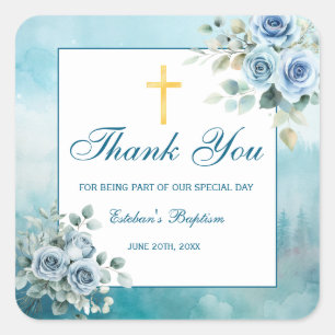 Dusty Blue Floral Baptism Boy  Square Sticker