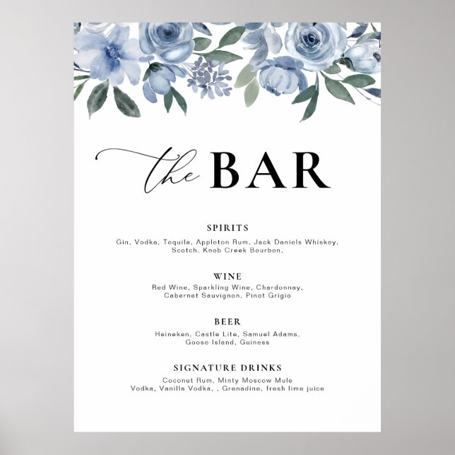 dusty blue floral bar menu poster (Front)