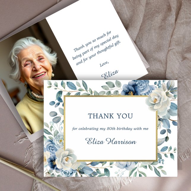 Dusty Blue Floral Birthday  Thank You Card (Creator Uploaded)