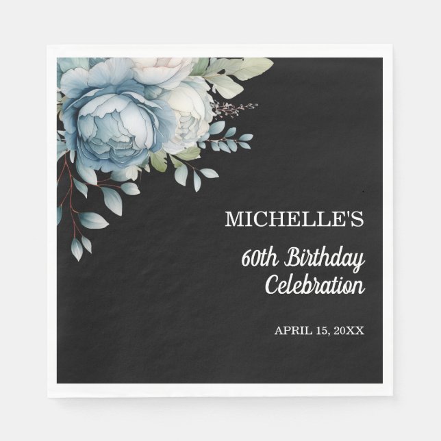 Dusty Blue Floral Black 60th Birthday Napkin (Front)
