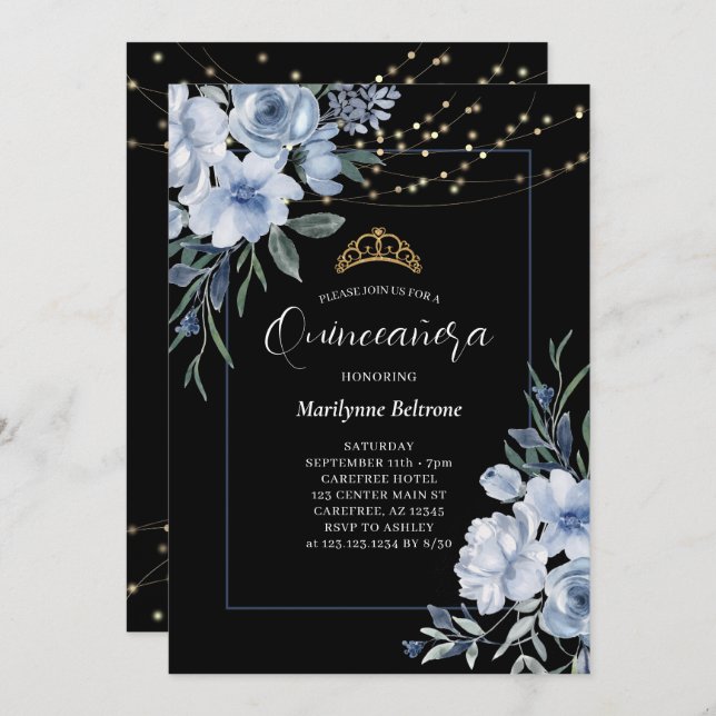 Dusty Blue Floral Black Quinceañera Invitation (Front/Back)