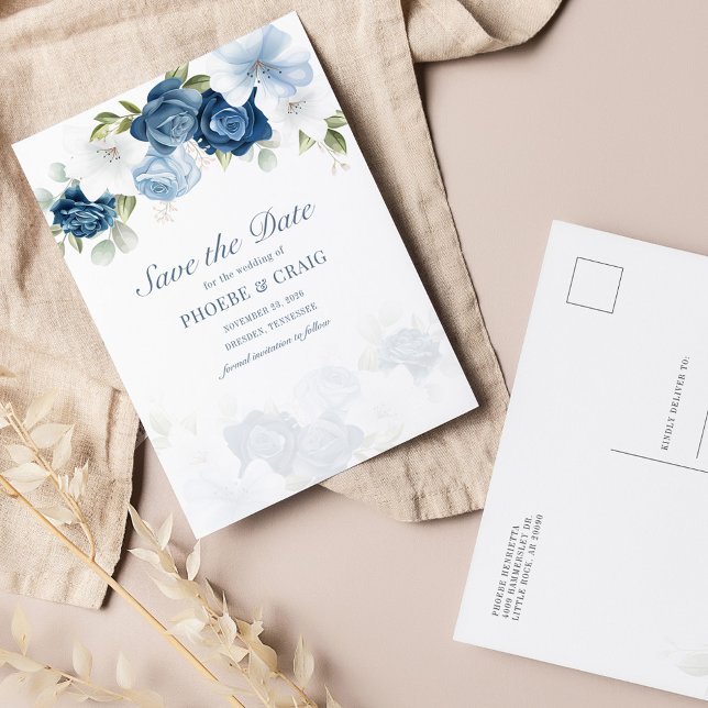 Dusty Blue Floral Bloom Eucalyptus Save the Date Announcement Postcard (Creator Uploaded)