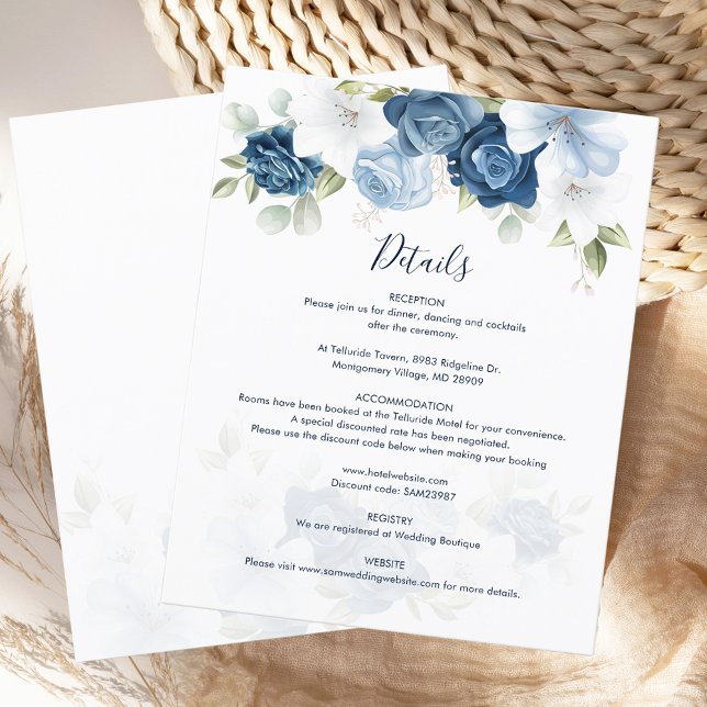 Dusty Blue Floral Bloom Wedding Details Card (Dusty Blue Floral Wedding Details Enclosure Card)
