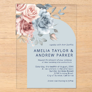 Dusty Blue Floral Blush Pink Rose Arch Wedding Acrylic Invitations