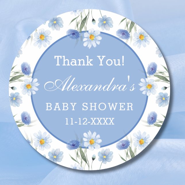 Dusty Blue Floral Boho Baby Shower Thank You Classic Round Sticker (Creator Uploaded)