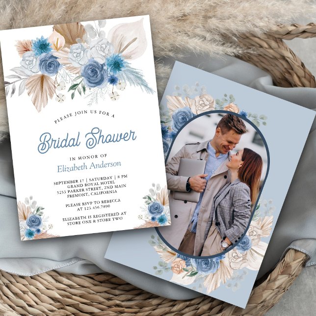 Dusty Blue Floral Boho Pampas Photo Bridal Shower Invitation (Creator Uploaded)