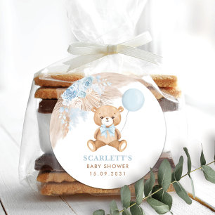 Dusty Blue Floral Boho Teddy Bear Baby Shower Classic Round Sticker