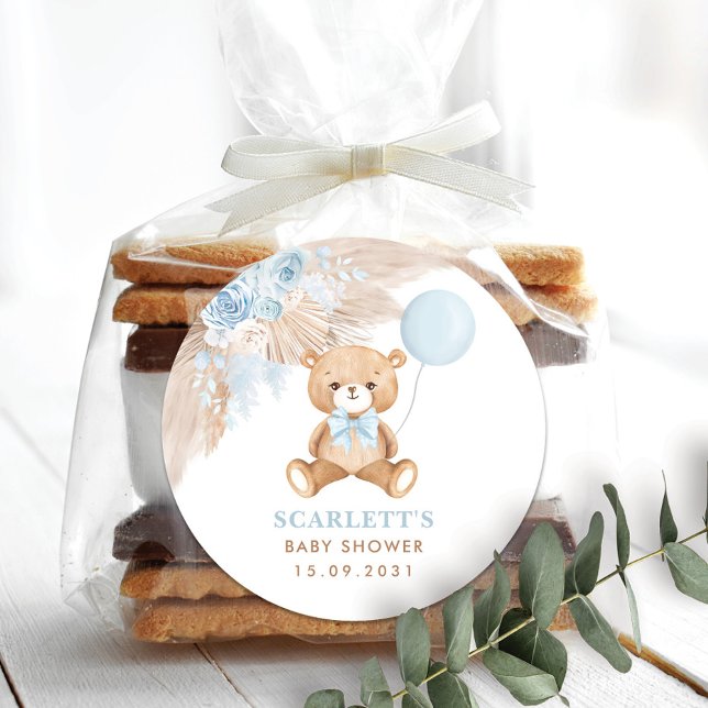 Dusty Blue Floral Boho Teddy Bear Baby Shower Classic Round Sticker (Creator Uploaded)