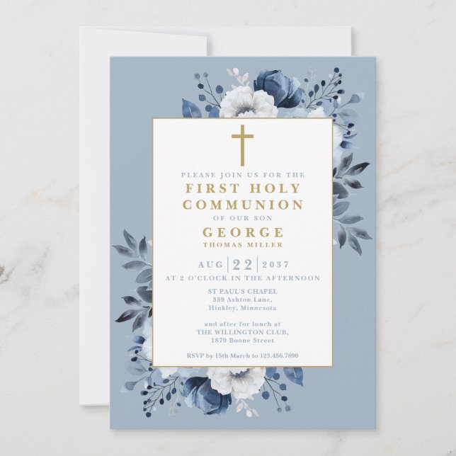 Dusty Blue Floral Botanical First Holy Communion Invitation (Front)
