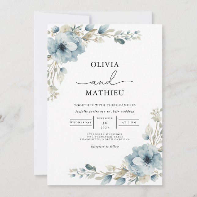 Dusty Blue Floral Botanical Wedding Invitation (Front)