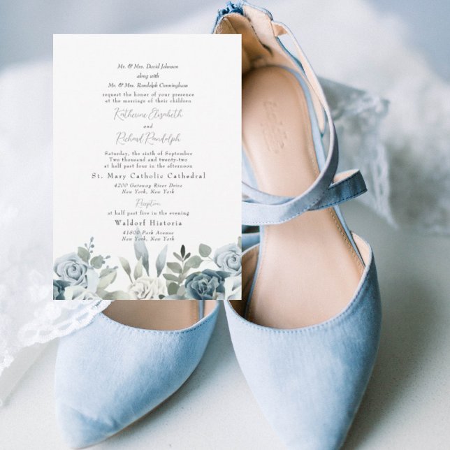 Dusty Blue Floral Both Parents White Wedding Invitation (Creator Uploaded)