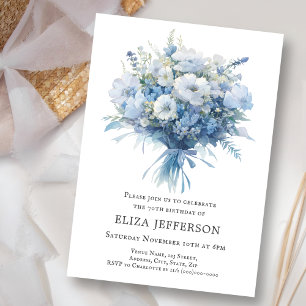 Dusty Blue Floral Bouquet Birthday  Invitation