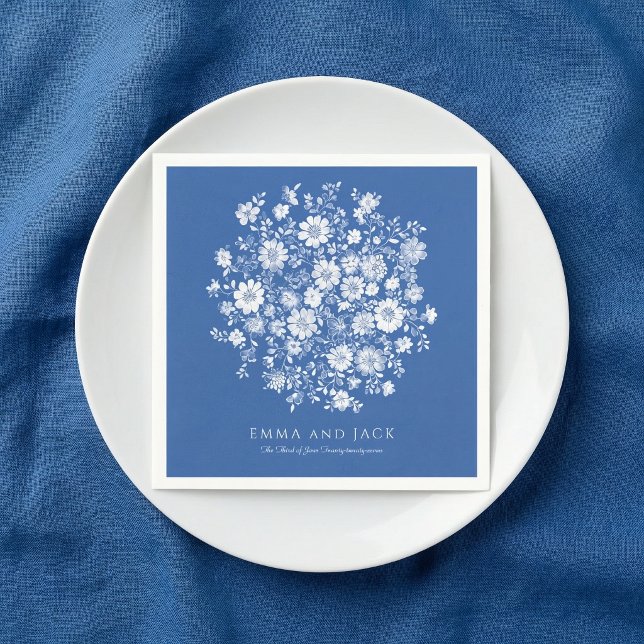 Dusty Blue Floral Bouquet Wedding names and date Napkin (Dusty Blue Floral Bouquet Wedding names and date Napkins)