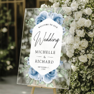 Dusty Blue Floral Bouquet Wedding Welcome Acrylic Sign