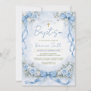 Dusty Blue Floral Bow Baptism Cross Christening Invitation
