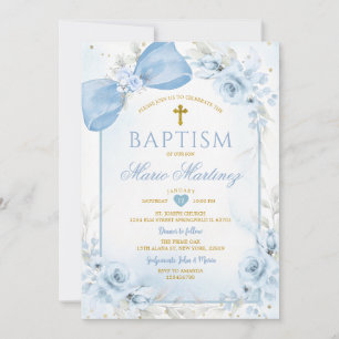 Dusty Blue Floral Bow Coquette Gold Cross Baptism Invitation