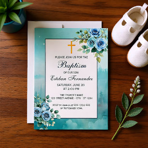 Dusty Blue Floral Boy Baptism Religious Invitation