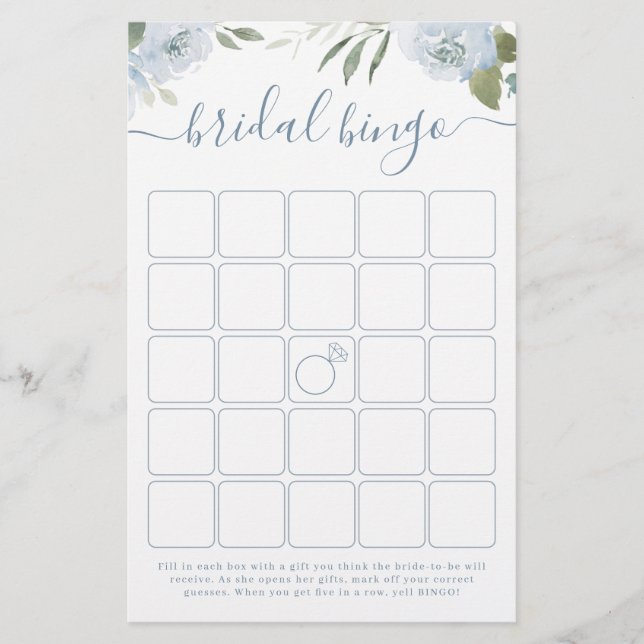 Dusty blue floral bridal shower bingo game (Front)