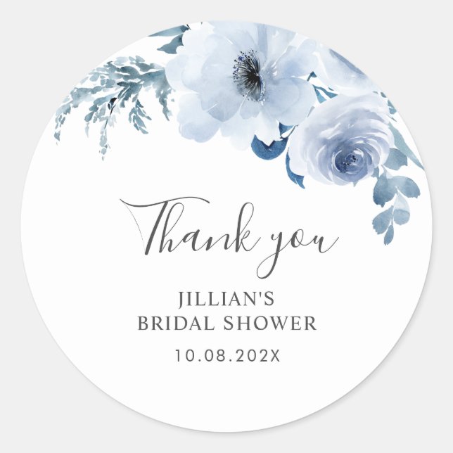 dusty blue floral bridal shower classic round sticker (Front)
