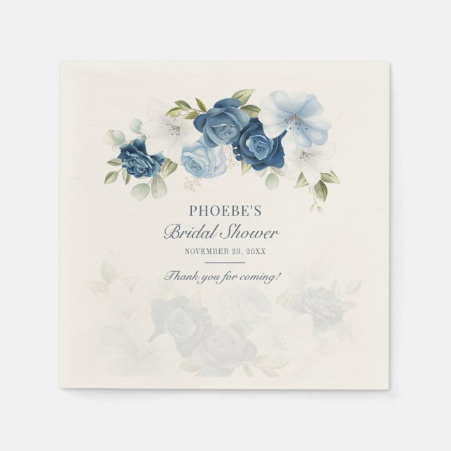 Dusty Blue Floral Bridal Shower Eucalyptus Paper Napkin (Front)