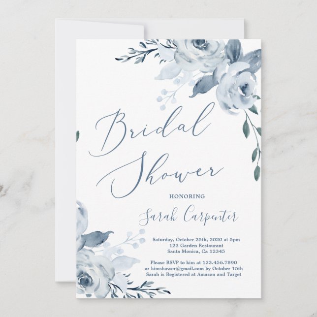 Dusty Blue floral Bridal Shower Invitation (Front)