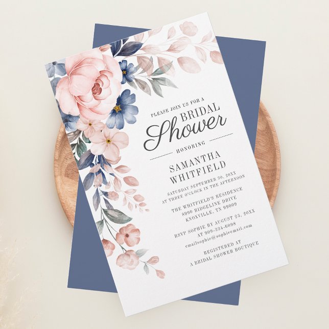 Dusty Blue Floral Bridal Shower Invitation Stationery (Blush Pink Floral Script Bridal Shower Invitation Stationery)