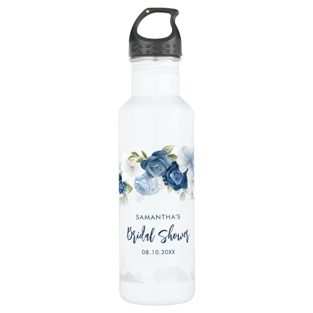 Dusty Blue Floral Bridal Shower Personalized 710 Ml Water Bottle (Front)
