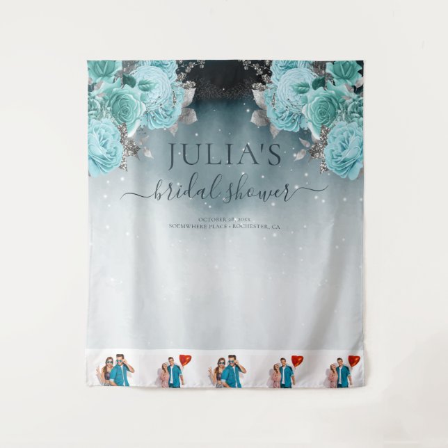 Dusty Blue Floral Bridal Shower Photo Tapestry (Front)