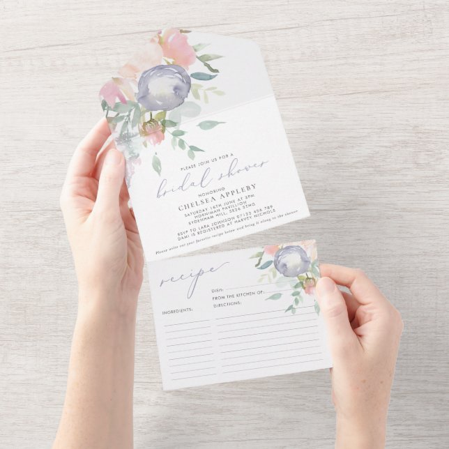 Dusty Blue Floral Bridal Shower Recipe Card Invite (Tearaway)