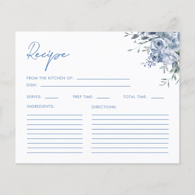 Dusty Blue Floral Bridal Shower Recipe Cards (Front)