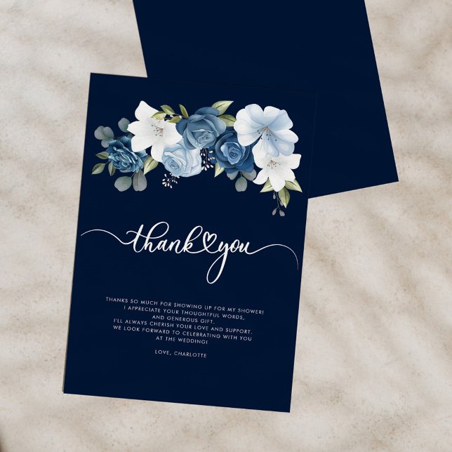 Dusty Blue Floral Bridal Shower Thank You Card (Dusty Blue Floral Script Bridal Shower Thank You Card)