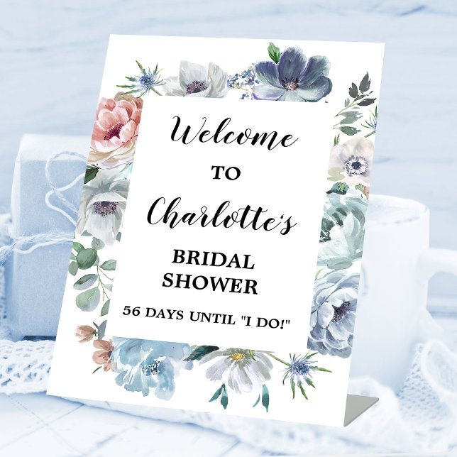 Dusty Blue Floral Bridal Shower Welcome Pedestal Sign (Creator Uploaded)