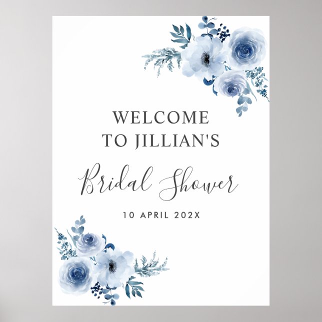 dusty blue floral bridal shower welcome sign (Front)