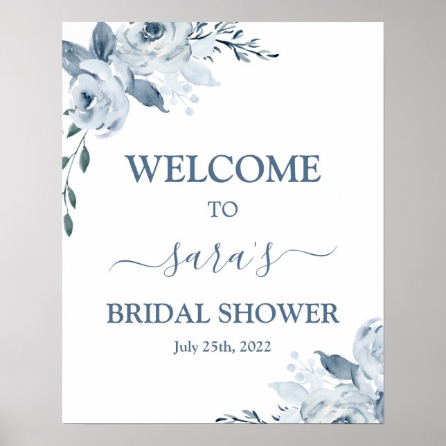 Dusty Blue Floral Bridal Shower Welcome sign (Front)