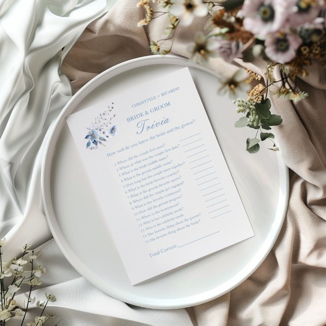 Dusty blue floral bride & Groom Trivia Game Card (Creator Uploaded)