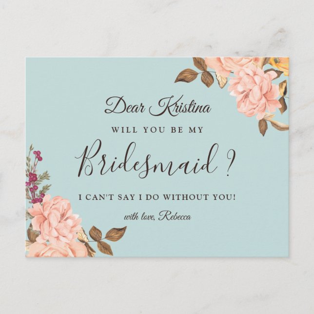 Dusty Blue Floral Bridesmaid Proposal Postcard (Front)