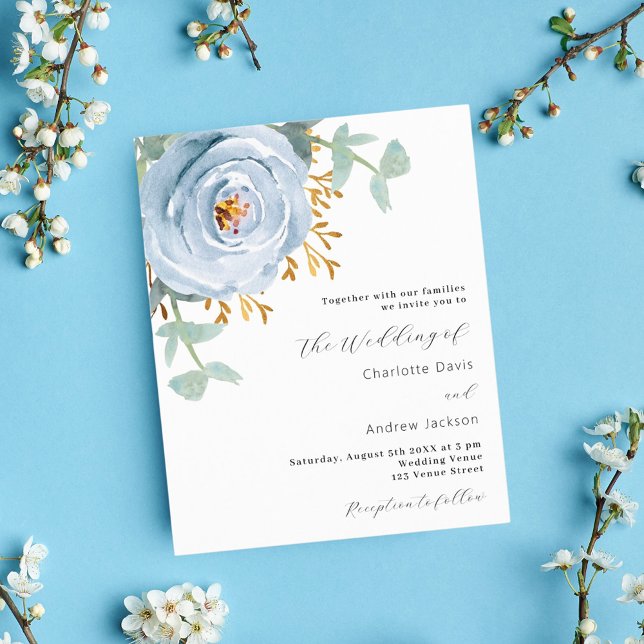Dusty blue floral budget wedding invitation (Creator Uploaded)