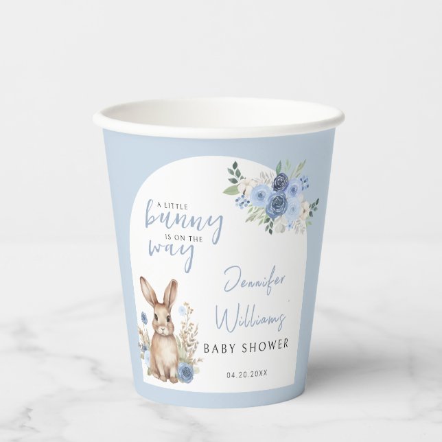 Dusty blue floral bunny baby boy shower paper cups (Front)