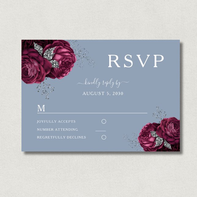 Dusty Blue Floral Burgundy Peonies Elegant Wedding RSVP Card (Elegant Floral Dusty Blue Burgundy Wedding RSVP Card)